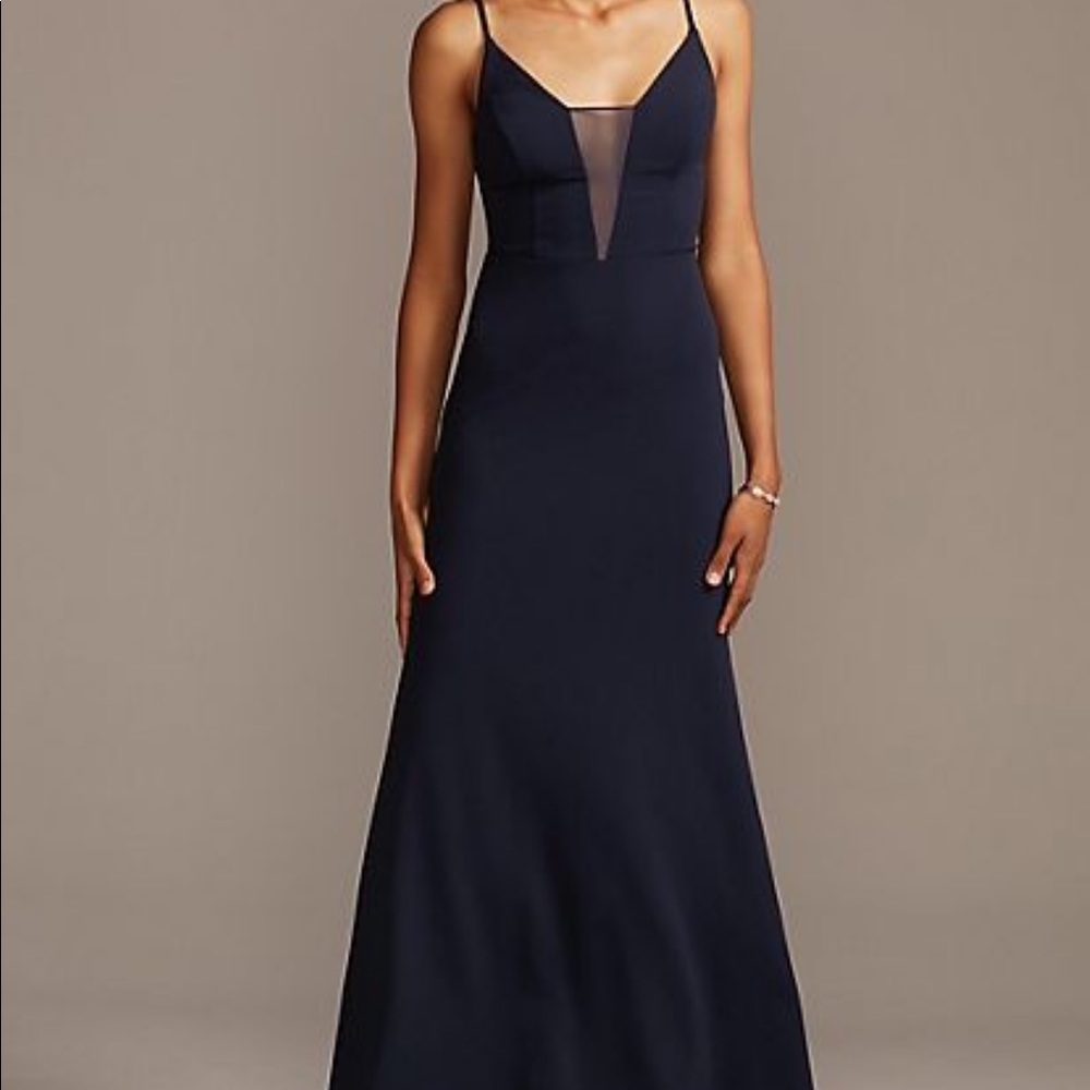 Navy Skinny Strap Illusion Deep-V Stretch Crepe Dress